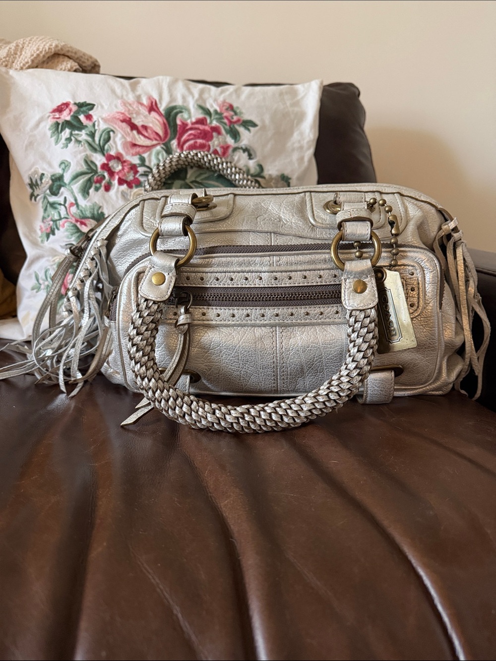 Coach Metallic Silver Braided-Handle Shoulder Satchel